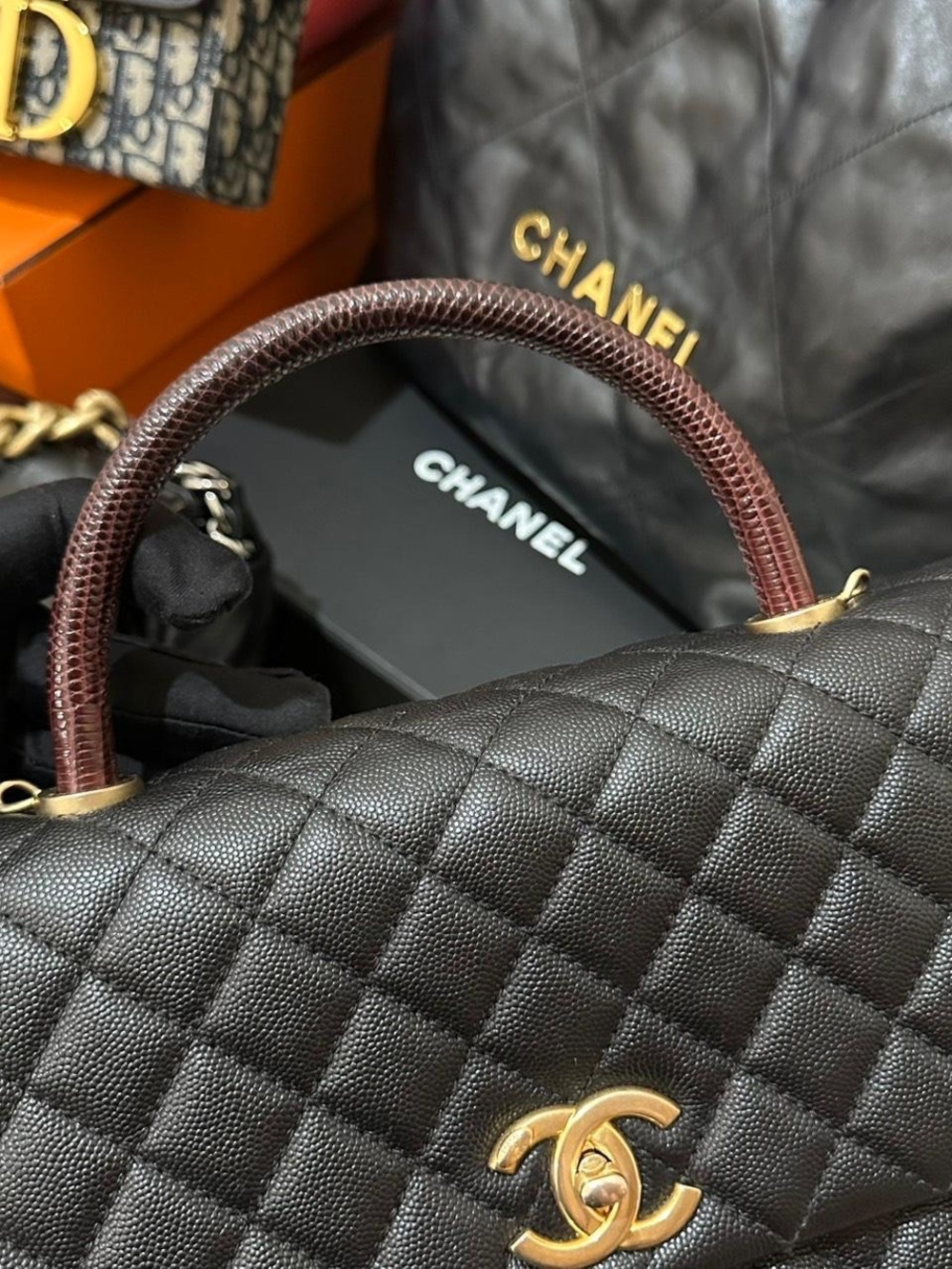 Chanel Coco Quilted Top Handle Bag in Black and Burgundy